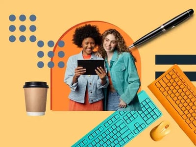 Two women look up content experience on a device