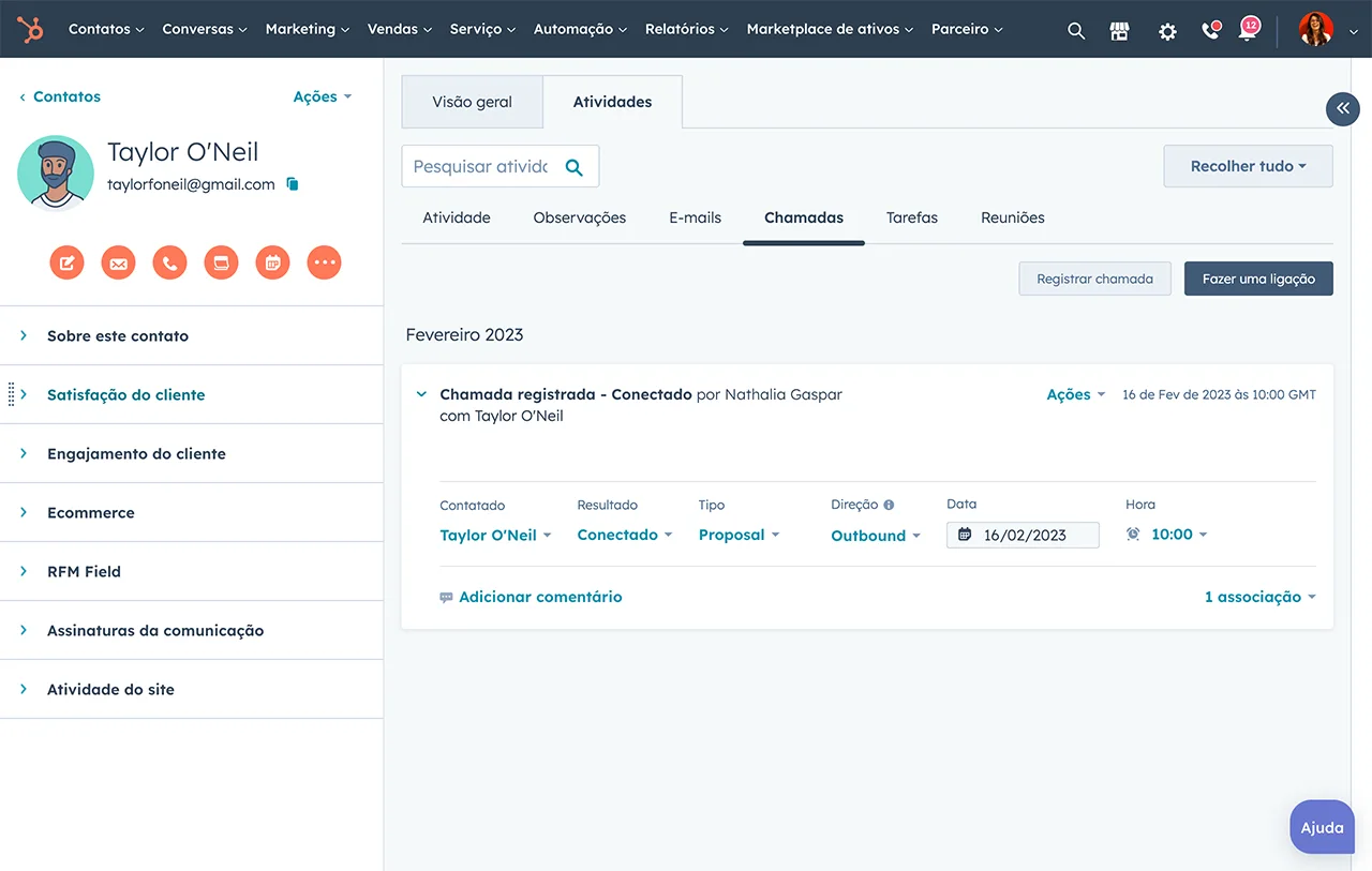 Interface do software de rastreamento de chamadas HubSpot mostrando o histórico de chamadas nas ferramentas no CRM da HubSpot