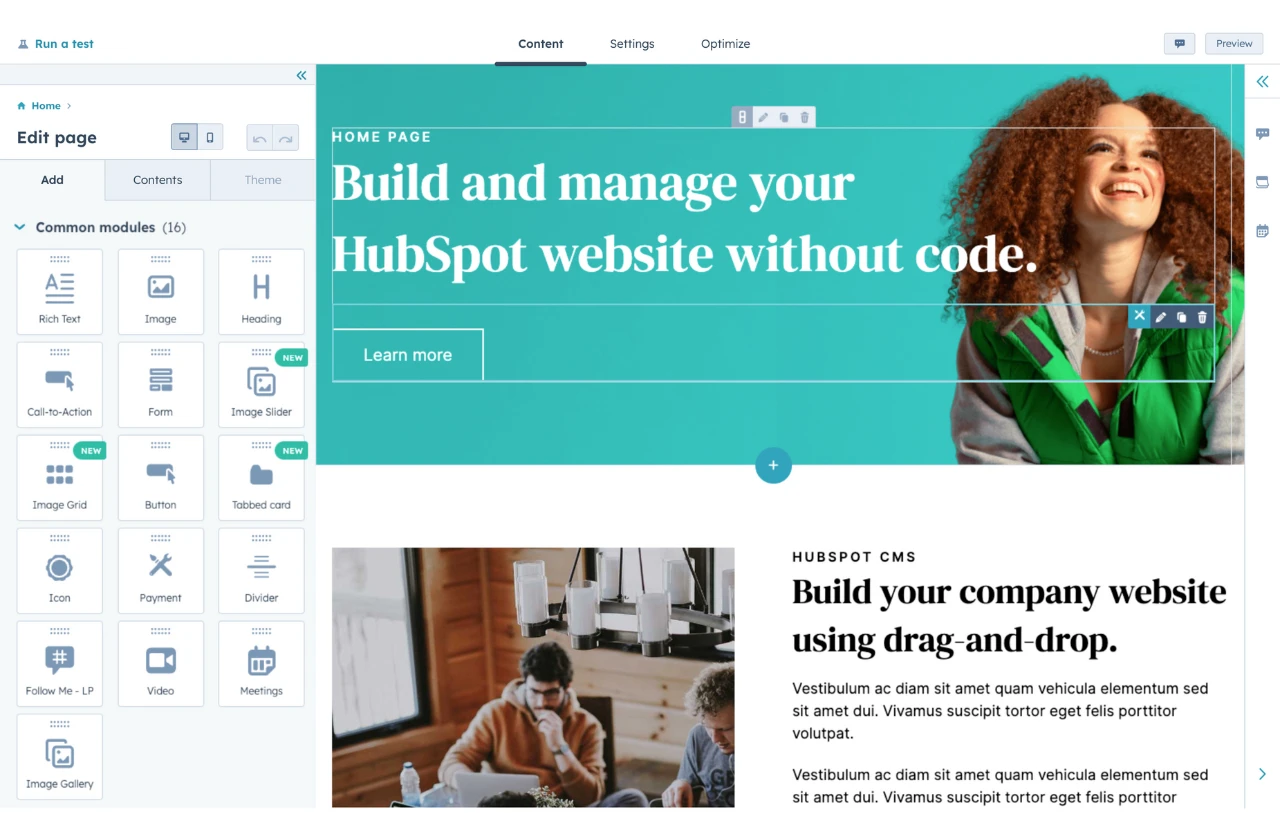 Editor de página de arrastar e soltar da HubSpot