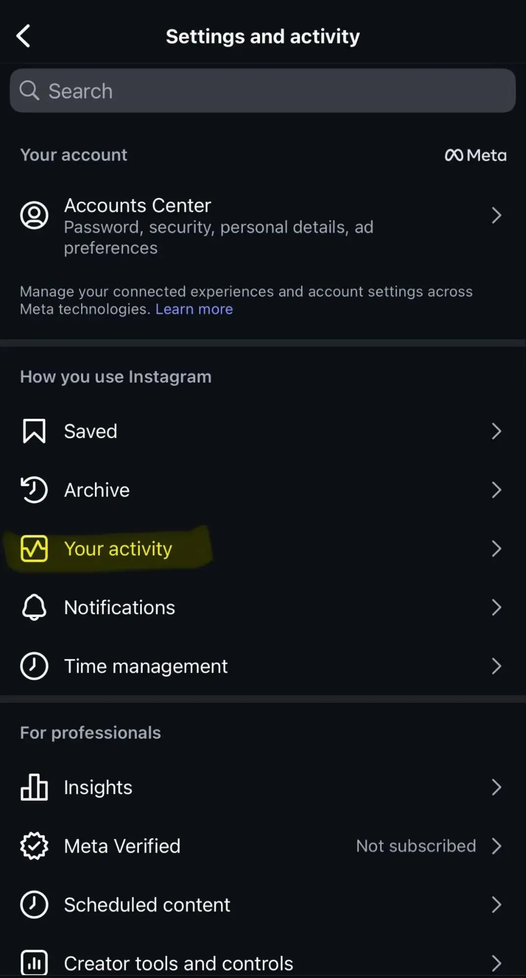 a screenshot demonstrating how to clear search history through advanced instagram settings